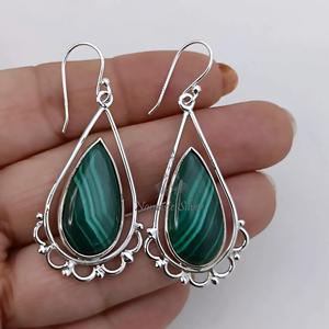 Malachite <b>Earrings</b>, 925 <b>Sterling</b> <b>Silver</b> Natural Pear Shape Gemstone <b>Dangle</b> Jewelry - Product Image 6