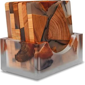 Ensemble de 4 sous-verres en bois personnalisés faits à la main avec support pour le thé, la Table basse, le dessous de verre décoratif - Product Image 1