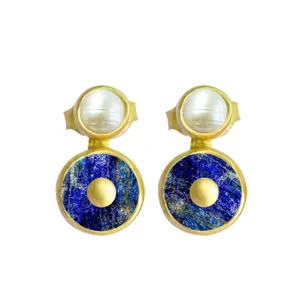 925 Sterling Silver Rough lapislazzuli gemma rotonda perla lunetta ciondola e goccia gioielli orecchino all'ingrosso per le donne