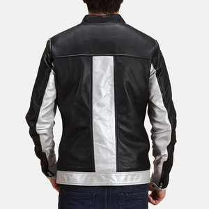 Men's Black And <b>Silver</b> PU Leather Moto <b>Jacket</b> Stand Collar Zipper Closure Color Blocking Design Windproof Slim Fit Autumn Wear - Product Image 4