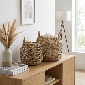 Panier de rangement moderne en jonc de mer naturel, écologique, avec poignée en maille ouverte, pour décoration de table et d'intérieur - Product Image 4