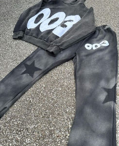 Survêtements évasés noirs peints personnalisés unisexe Pantalons empilés pour femmes Ensemble de survêtements pour hommes Poches Taille XL pour Streetwear de printemps - Product Image 2