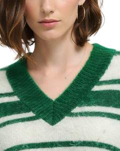 Custom Green <b>White</b> Striped <b>Women</b> V Neck Knit Sweater Soft Fuzzy Fabric Long Sleeve Cropped Winter Casual Fashion Pullover - Product Image 5
