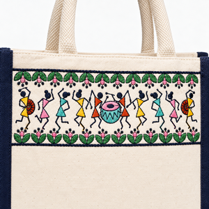 Navy Blue Tribal Beats Warli Embroidered Cotton Juco Hamper <b>Gift</b> <b>Bag</b> with Zipper 12x10x4 Inch - Product Image 4