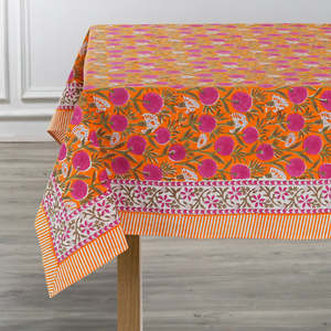 Tangerine Orange, Bubblegum Pink Indian Floral Hand Block Nappe en coton imprimé toutes les tailles disponibles, nappe de mariage - Product Image 5