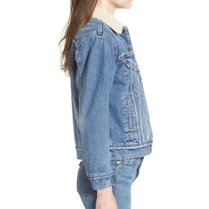Nueva llegada de las mujeres lavadas chaqueta de mezclilla de estilo callejero Sherpa forrado señoras Denim Chaquetas - Product Image 2