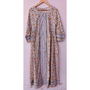 Robe en tissu imprimé à la main en coton de haute qualité avec col rond, lien à nouer dans le dos, poches, robe longue décontractée, vêtements pour femmes - Product Image 1