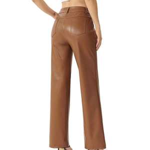Pantalones de Pierna Ancha de Cuero Sintético Marrón para Mujer, de Cintura Alta, Corte Holgado, Largos, de Color Sólido, Casuales - Product Image 2