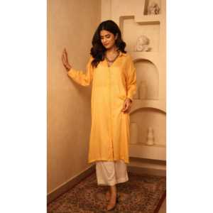 Conjunto Coordinado de Tela Oxford con Rayas Amarillas Ámbar y Color Marfil para Mujer, Decoración con Botones, 100% Algodón, Transpirable, Ideal para la Temporada de Primavera - Product Image 3