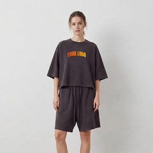 Heavyweight 100% Cotton Women's 2 Piece Set 180g Solid Above <b>Knee</b> Quick-drying Breathable Streetwear Regular Fit - Product Image 1