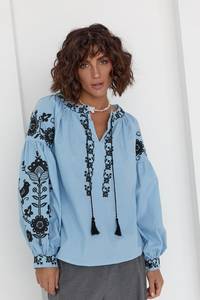 Authentique fait à la main Vyshyvanka Blouse bleu broderie florale chemise traditionnelle ukrainienne lavable naturel direct Ukraine vendeur - Product Image 5