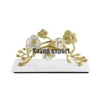 Porte-mouchoirs artisanal en laiton doré, design feuille, base en marbre, style moderne et luxueux, pour traiteurs et cantines, Kayna