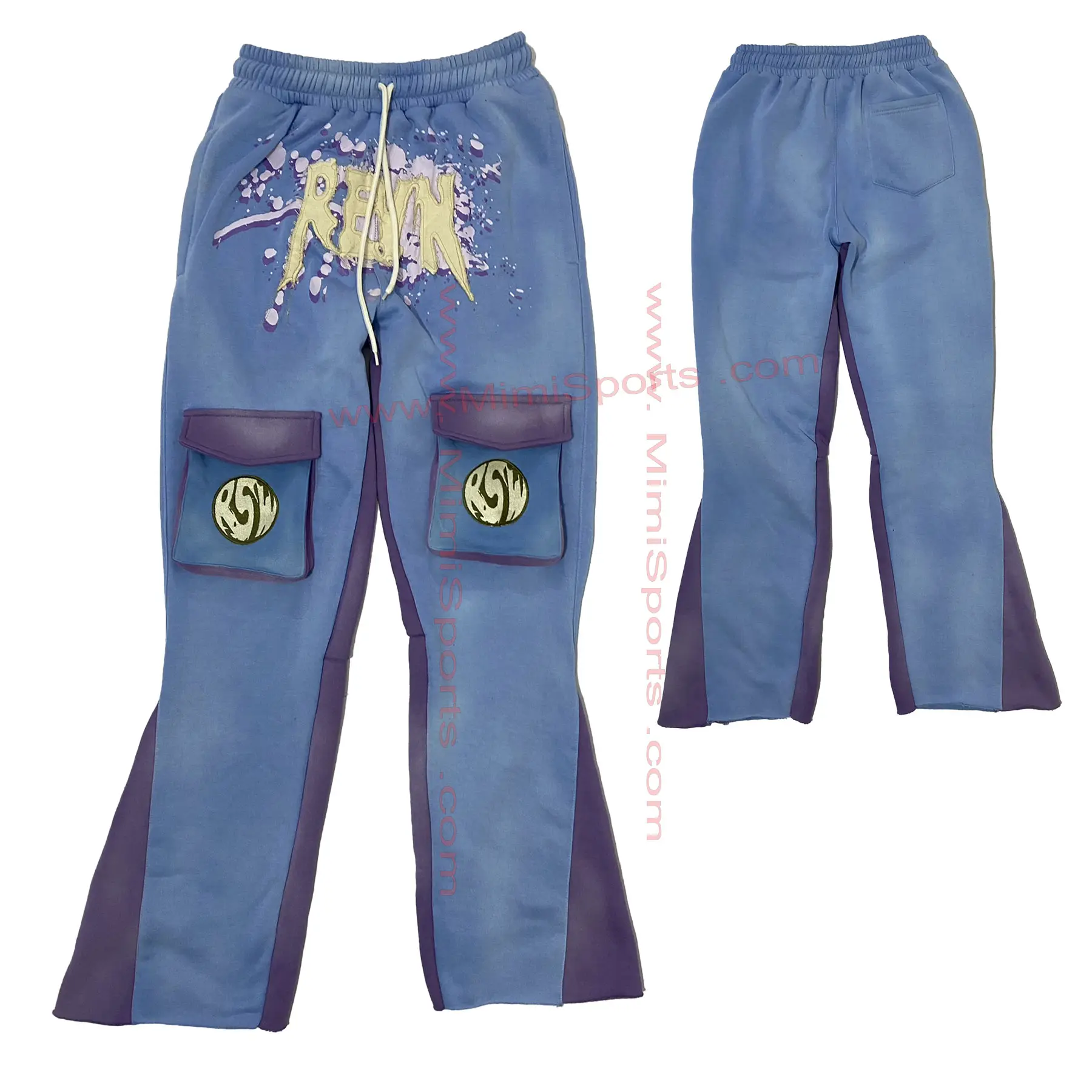 Pantaloni della tuta blu bambino classico da uomo di nuovo stile con fori per le gambe svasati e lunghezza impilata con il tuo ricamo sole sbiadito lavato