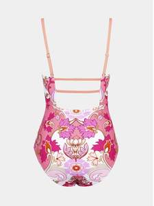 Maillot de bain une pièce rose et blanc pour femme avec bretelles réglables, détail de la sangle dorsale, maillot de bain de course avec imprimé floral artistique - Product Image 5