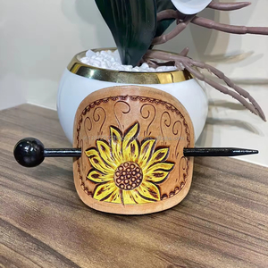 New Handcrafted Tooled Leather Vintage Hair Stick High Quality Western Genuine Leather Women <b>Barrette</b> <b>Clips</b> Sunflower Hair Stick - Product Image 2