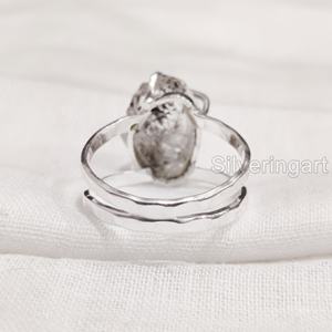 Bijoux en pierre brute Bague pour femme Bague en argent sterling 925 avec diamant Herkimer brut naturel Pierre de naissance 2 bijoux martelés - Product Image 5