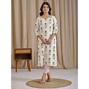 Kurti Recto de Algodón y Yute con Estampado Butta Blanco y Azul, Bufanda y Chal Étnicos - Product Image 4