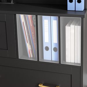 Meuble de bureau moderne en bois noir avec éclairage LED, portes vitrées, tiroir de classement latéral, bibliothèque et support d'imprimante - Product Image 6