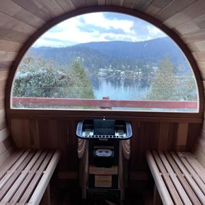 Moderno al aire libre 6 personas barril de cedro rojo SALA DE Sauna agradable media pared paisaje de vidrio templado 9kw vapor seco 220V fuente para la salud - Product Image 4