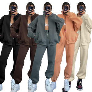 Costumes deux pièces chauds couleur unie ensemble femmes automne hiver vêtements ensembles col montant fermeture éclair sweat pantalon - Product Image 6