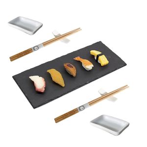 Elegante Set di Sushi giapponese per 2 include vassoio in ardesia 30x10cm 7 pezzi bacchette porta stoviglie servizio di servizio - Product Image 1