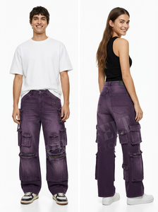 Low MOQ Fashion Style Denim Cargo Pants Custom Multi Pocket Wide Leg Streetwear Loose Fit Utility Trousers Casual Denim Pants - Product Image 4