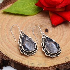 Turritella Agateต่างหูพลอย 925 เงินสเตอร์ลิงรูปร่างลูกแพร์ต่างหูผู้หญิงสาวห้อยต่างหูเครื่องประดับ - Product Image 2