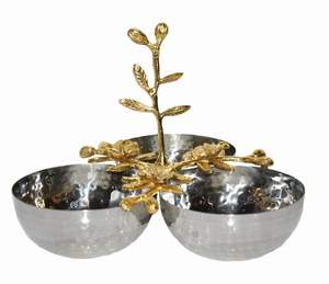 Tres cuencos de plata decorativos hechos de acero inoxidable de alta calidad con mango de hoja dorada para la decoración del servicio del restaurante - Product Image 2