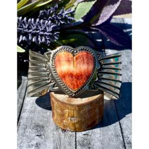 Vintage Nick Bill Spiny Oyster & Sterling <b>Silver</b> Heart-Themed Fashion <b>Cuff</b> <b>Bracelet</b> - Product Image 1