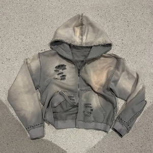 <b>Men's</b> 500 Gsm Heavyweight Terry Acid Wash <b>Hoodie</b> Double Zipper Rhinestone Distressed Rip Embroidered New Style Zipper <b>Hoodie</b> - Product Image 1
