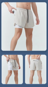 Shorts de sport respirants à double couche pour hommes, avec logo personnalisé, motif uni, en polyester, grande taille, pour l'été - Product Image 6