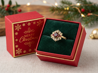 Boîte cadeau de luxe pour bague en rubis de Noël, insert en velours, papier artistique, revêtement UV, gaufrage, emballage de bijoux pour les fêtes, cadeaux d'entreprise VIP