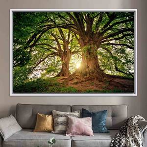 Toile imprimée : Art d'arbre vert forêt au lever du soleil, décoration de ferme, toile encadrée blanche - Product Image 1