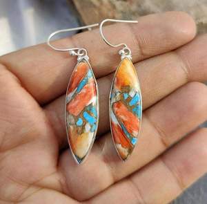 Pendientes Largos Bohemios de Plata de Ley 925 con Turquesa Espinosa Natural, Chapados en Plata, Certificados por GIA, para Boda - Product Image 1