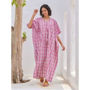 <b>Pink</b> Pineapple Print <b>Kaftan</b> Dress V-Neck Loose Maxi Batwing Sleeve Cover-Up Breathable Woven 100% Polyester 1 Piece - Product Image 5