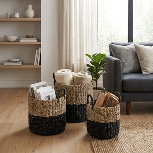Natural Seagrass Storage <b>Basket</b> Set Black Bottom Dip Wrapped Handle Round Pot Planter Laundry Setup Decor Pure Art Design - Product Image 4