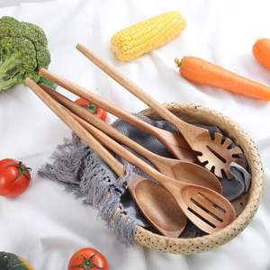 Ensemble d'ustensiles de cuisine en bois d'acacia 5 pièces - Outils de cuisine professionnels avec serveur à spaghetti, cuillère ajourée et cuillères de service - Product Image 1