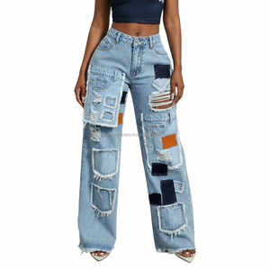 Vaqueros de cintura alta con patchwork para mujer, pantalones cargo vintage de pierna ancha, vaqueros holgados desgastados, nueva llegada, ropa urbana - Product Image 1
