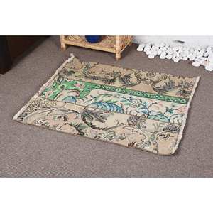 Tapis en Laine Vintage Classique 2.7 X 3.1ft Vert Beige Motif Floral Rectangulaire Aubusson Design pour Salon Couloir Latex - Product Image 3