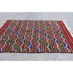 Alfombra tradicional turca Kilim de 5,6x8,8 pies, Alfombra de lana de retazos rojos y verdes para sala de estar, pasillo rectangular de látex a rayas de 10mm - Product Image 3