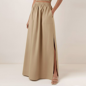 Jupe longue décontractée kaki pour femme avec poches latérales et taille élastique fendue - Product Image 5