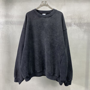 Poids lourd 420g 100% coton éponge lavé à la neige rétro lambrissé col rond noir chemises à manches longues de haute qualité - Product Image 1