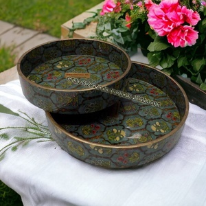 <strong>High</strong> <strong>Quality</strong> <strong>Customized</strong> Eco-Friendly round Wooden <strong>Tray</strong> <strong>Printed</strong> Tea and Coffee <strong>Serving</strong> <strong>Tray</strong> with Cut out Handle Set of 2 Pcs - Product Image 4