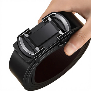 Men's Automatic Buckle <b>Belt</b> Solid Black Cow Hide Leather Formal Style Geometric Design Durable One-Piece Molding - Product Image 3