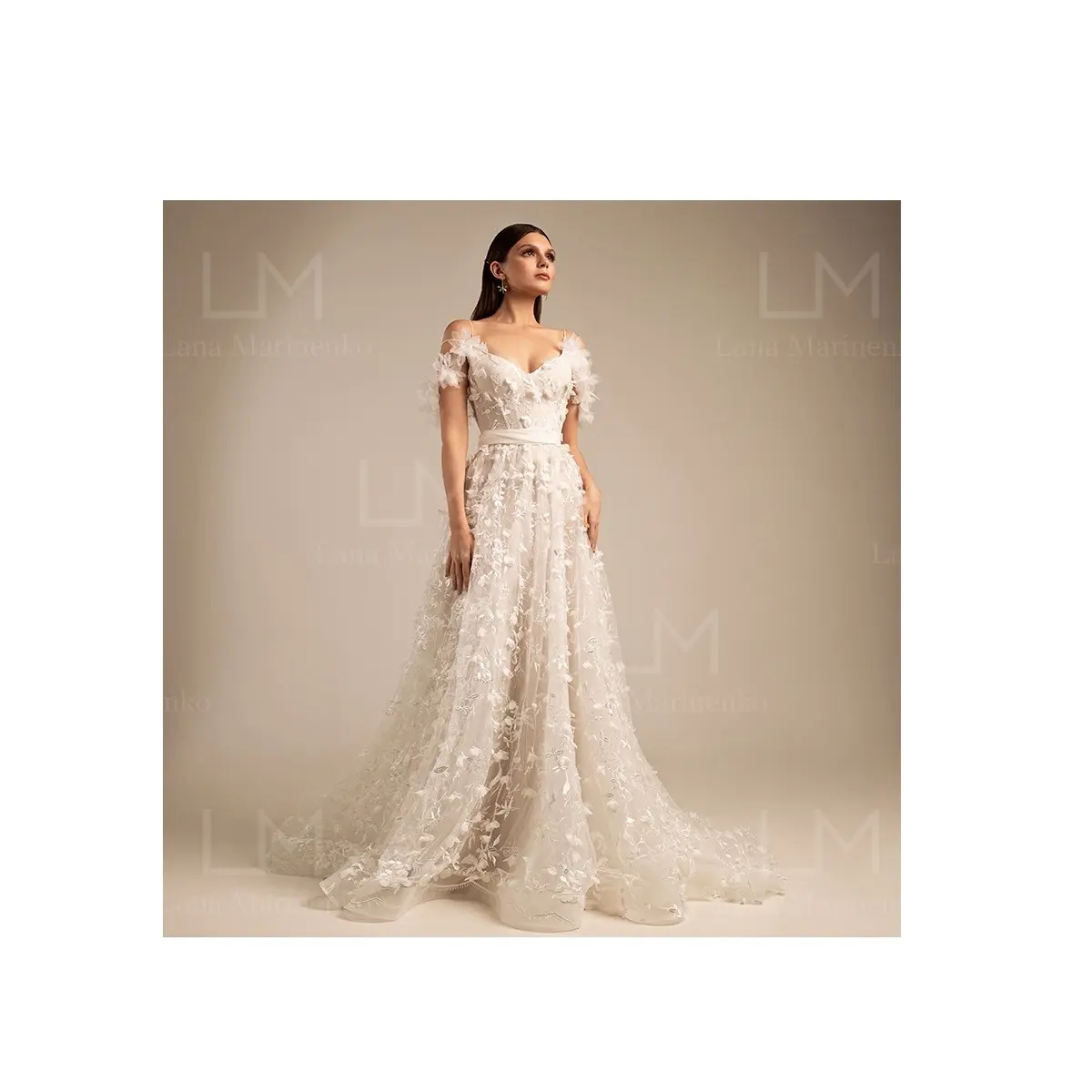 Beautiful flower lace tulle fabric with lace open back A-line "Flora" wedding dress with detachable sleeves and train for bride