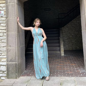 2023 vente chaude de haute qualité élégant Boho cravate teinture rayonne robe pour les femmes longue dos nu Maxi motif floral respirant - Product Image 1