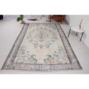 Alfombra Turca Vintage de 5.9x9.7 pies (181x295 cm), Alfombra de Lana Azul con Diseño de Patchwork - Product Image 1