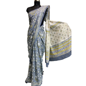Sari en coton Mulmul imprimé à la main, élégant gris avec motif floral moutarde et blanc, pour un usage quotidien, au meilleur prix - Product Image 1