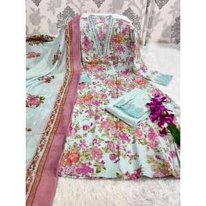 Conjunto de kurta, pantalón y dupatta Anarkali con bordado premium estilo indio en un nuevo color de verano con detalles de lentejuelas hechas a mano. - Product Image 1