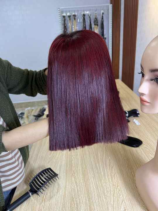 Burgundy Red Color Lace Closure Wig Short Straight Bob Cut Preplucked Lace Front Human Hair Wigs for Wholesale